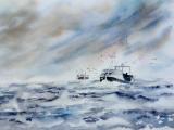 海上帆船水彩画